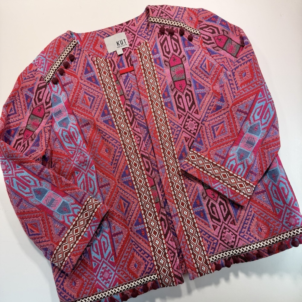 KUT From The Kloth M Open Front‎ Jacket Multicolor Ribbon & Pom Trim Boho
